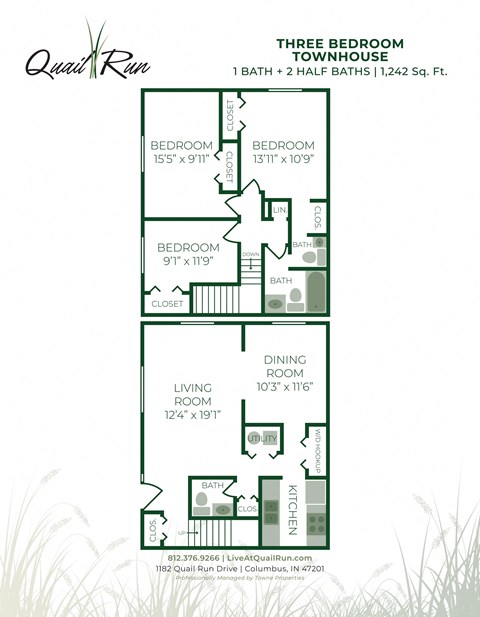Floor plan for 3 beds, 2 baths, 1242 sqft